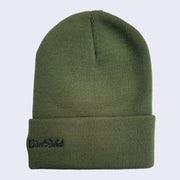 An olive green knit beanie with "giant robot" written in black cursive on the back.