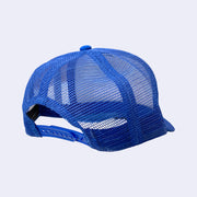 Back view of blue mesh hat, with a snap adjustment closure.