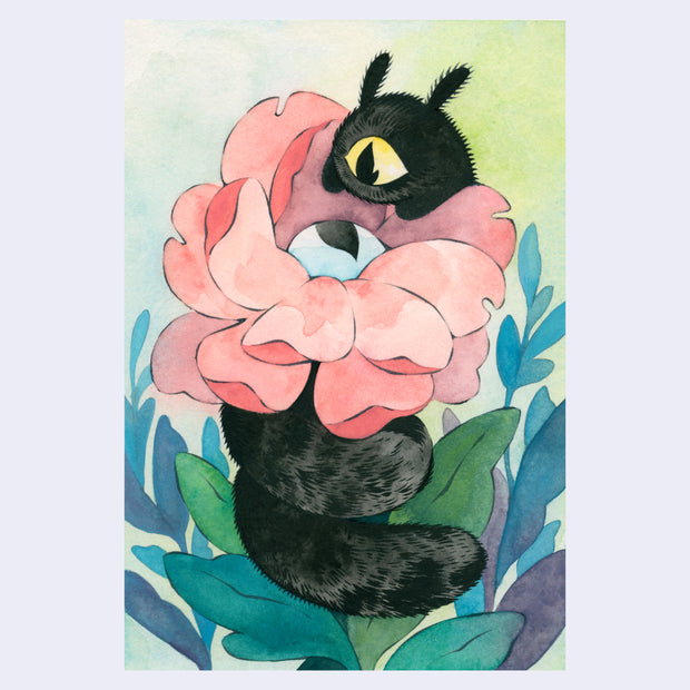 Watercolor painting of a black, furry one eyed caterpillar wrapped around a blooming pink flower. The center of the flower also has an eye. Leaves surround the flower.
