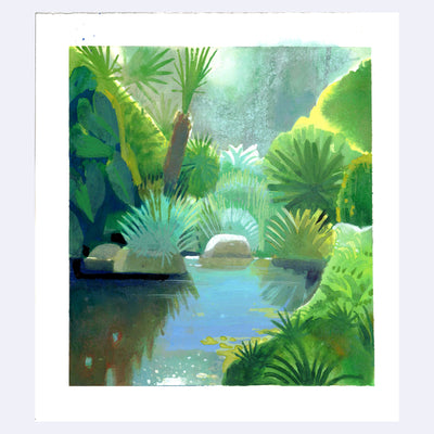 Plein air painting of a pond with stones surrounded by a lush garden with many palm like trees and plants. 