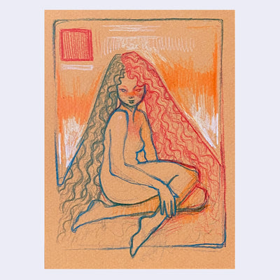 Colored pencil drawing on orange paper of a girl with long, wavy red and blue hair. She sits nude on the floor.