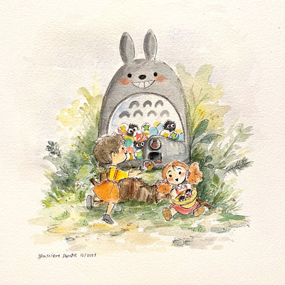 Watercolor painting of a smiling Totoro, whose body is like a capsule machine. 2 little girls receive colorful capsules from the machine and dance around.