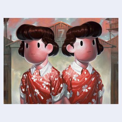 Oil painting of 2 pink girls with very simplistic faces, just eyes and a straight mouth. They have matching short, brown haircuts and matching red silk shirts, with cherry blossom petals. They face away from one another and are in front of a wooden house with a 7 on it.