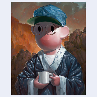 Oil painting of a pink person with a simplistic face, only eyes and a straight line mouth. He wears a wrinkled baseball cap and a blue bathrobe, holding a chipped coffee mug. Background is a moody canyon, akin to the desert.