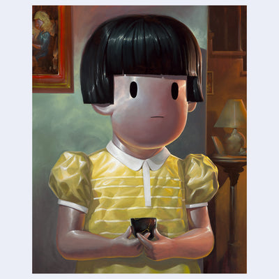 Oil painting of a girl with pink skin and a very simplistic face, just black eyes and a thin line mouth. She has a short bowl cut and stands in a living room, holding a chipped, handleless tea cup. 