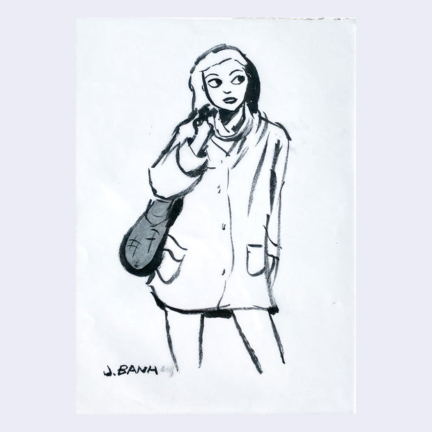 Ink drawing of a girl wearing a coat and holding a purse over her shoulder.
