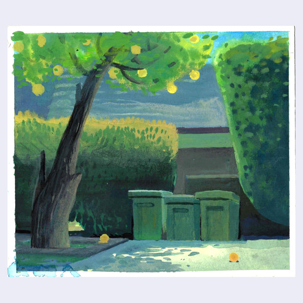 Plein air painting of a driveway framed by manicured hedges with 3 trash cans in the middle. A grapefruit tree hangs over it, with some of the fruits laying on the ground.