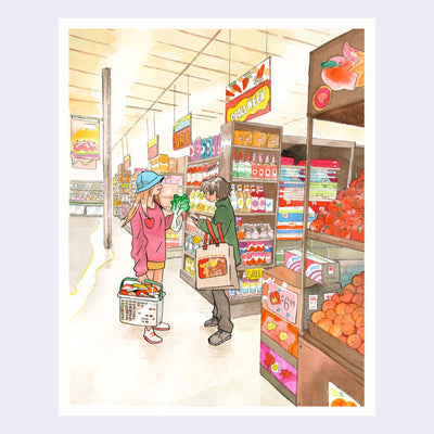 Illustration of 2 people talking in a grocery store, holding baskets and bags.