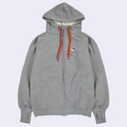 Gray hooded jacket with red drawstrings and a small embroidery of Hello Kitty on the upper chest. 
