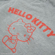 Gray hooded jacket with red drawstrings and a large red "Hello Kitty" line art image on the back.