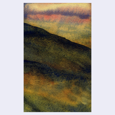 Watercolor painting of a hillside, rusty yellow, green and brown colorings. The sky in the background is a striated yellow, purple and pink.