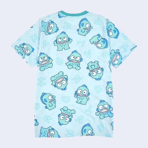 Light blue colored short sleeved t-shirt with a repeating pattern of Hangyodon in slightly different poses and a subtle "Hangyodon" text pattern behind it.