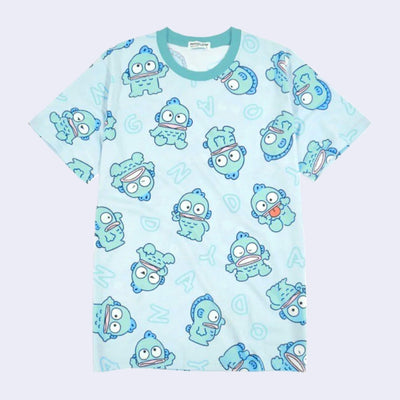 Light blue colored short sleeved t-shirt with a repeating pattern of Hangyodon in slightly different poses and a subtle "Hangyodon" text pattern behind it.