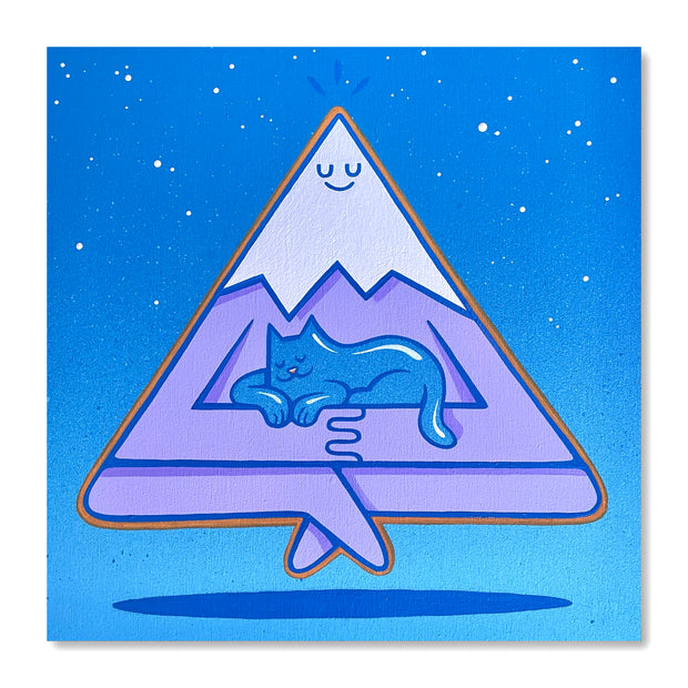Illustrative painting on bright blue background of a purple triangular mountain, levitating with crossed legs. A blue cat sleeps in its arms.