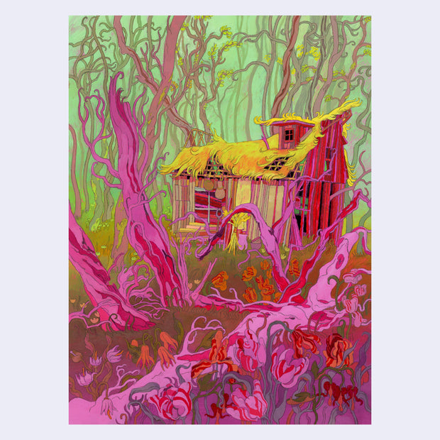 Very bright colored painting of a dilapidated cabin in the middle of a forest, with a green sky and neon pink trees and flowers. All the trees have curves branches and no leaves.