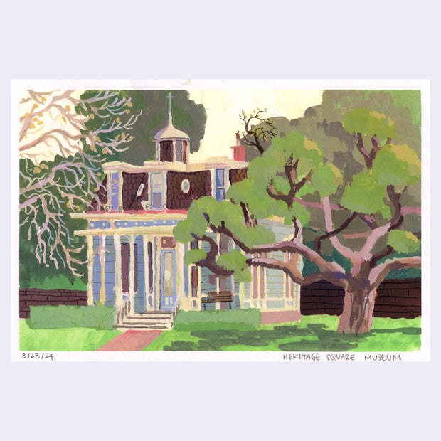Plein air painting of a 2 story Victorian style house, blue with white trim and brown roofing. A large tree is on the green lawn in front of the house.