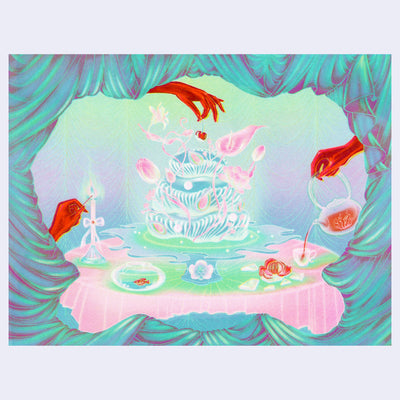 Pastel colored risograph print of a tiered dessert on a platter in the middle of a table. Hands emerge to pour tea, light candles and place a cherry on top.