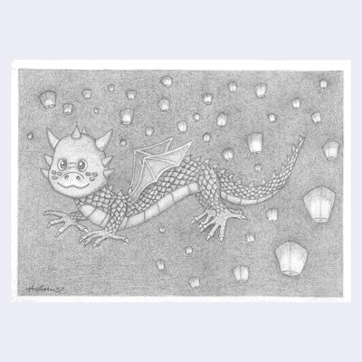 Graphite drawing of a cartoon style dragon, with many scales and floating lanterns in the background.