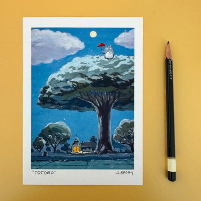 Painting of a scene from My Neighbor Totoro, of a nighttime farm setting with a large tree. Totoro sits up top with a red umbrella, under the moon.