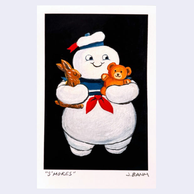Framed painting of the Stay Puft Marshmallow Man holding a chocolate bunny in one arm and a Teddy Graham in the other.