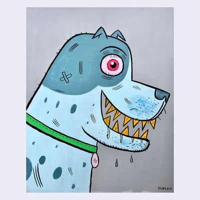 Painting of a blue cartoon dog, turned to the side and seen only from the neck up. It has pointed yellow teeth and drools, eagerly looking with a pink eye.