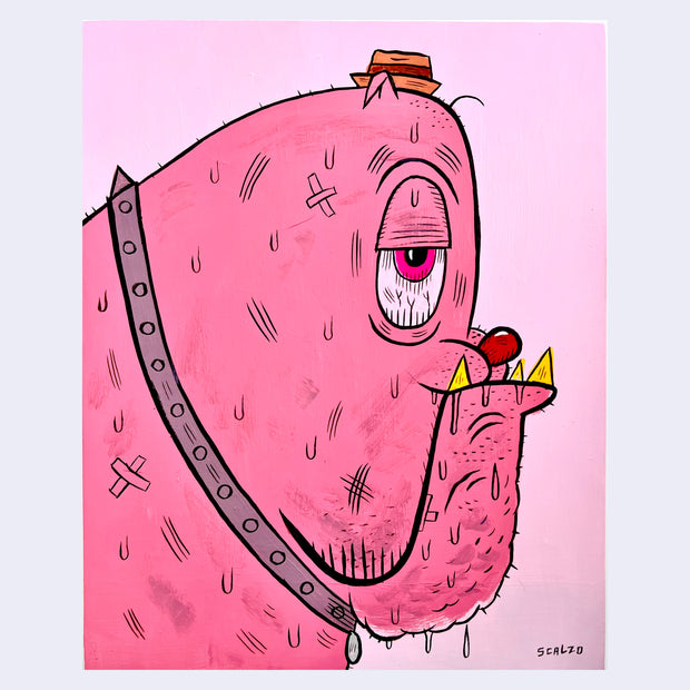 Painting of a large pink cartoon bulldog, seen only from the neck up and turned to the right. It wears a small hat and has sharp yellow teeth. It looks off with a droopy eye and drools slightly.