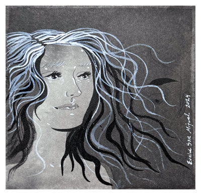 Greyscale watercolor sketch of a woman with flowing hair, looking off to the side.