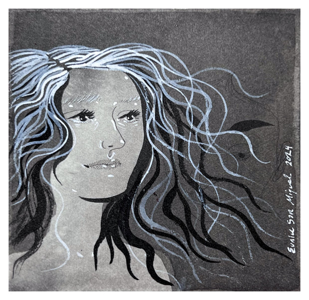 Greyscale watercolor sketch of a woman with flowing hair, looking off to the side.