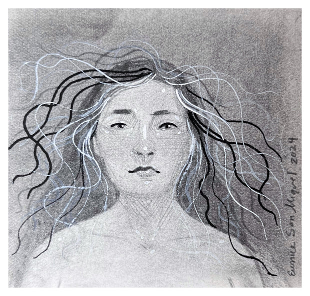 Greyscale watercolor sketch of a woman with flowing hair, looking straight at the viewer.