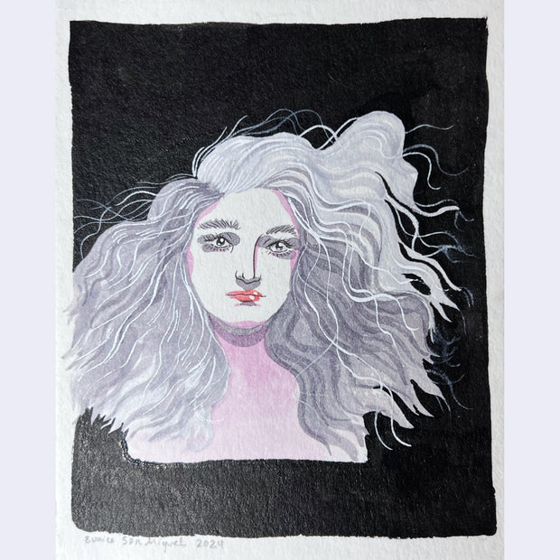 Sketch illustration of a woman with wild hair on a black background.