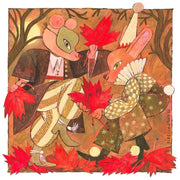 Painting done in autumn color scheme, of 2 cartoon animals with human bodies. One wears a mask and holds up large red maple leaves, with its leg raised as if dancing. The other wears a pointed hat and frilled collar and also dances with leaves. 