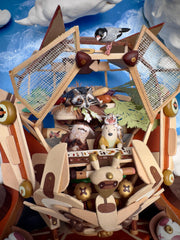 Very intricate sculpture of a robot made out of small wooden parts, resembling a cat or a dog. It is being piloted by small characters with smaller animals all over the robot.