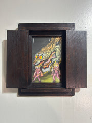 Illustration of a crazed looking tiger, with large rainbow eyes and an open mouth, exposing a sharp tongue and sharp yellow teeth. Below, are 2 small girls holding tassels and walking while wearing matching pink leotards. Piece is within a wooden frame with possibly doors on the exterior.