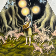 Illustration on triangular panel of a girl with long black hair standing in a mossy forest setting, holding a basket in her arms and lanterns coming off her back. All around her are small pink and white unicorns, waiting to be fed. Blue flying fish are atop the scene.
