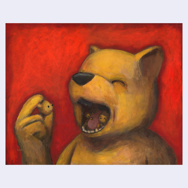 Painting of a gold cartoon bear, with simple renderings and facial features. It has its mouth open and inside of it are small bear heads, matching its own. It holds one of the small heads in its fingers.
