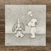 Pencil sketch of a beagle sitting with a chick sitting atop its head. Standing next to them is Snoopy, who smiles and Woodstock flies behind him.