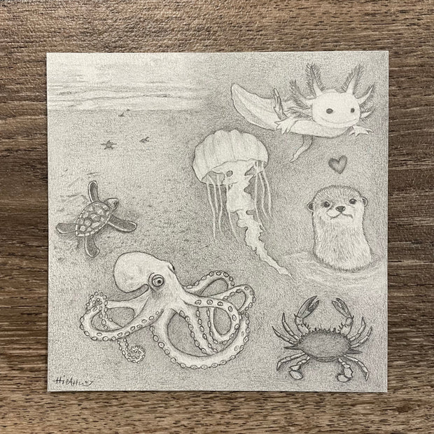Graphite drawing of many cartoonish underwater creatures, such as: octopus, turtle, jellyfish, axolotl, otter and crab.