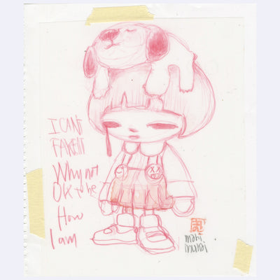 Colored pencil sketch of a girl wearing overall dress with a dog resting atop her head.