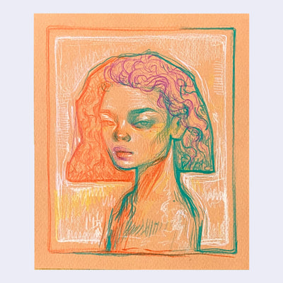 Colored pencil drawing on orange paper of a girl, seen above the shoulder with neck length orange and purple hair.