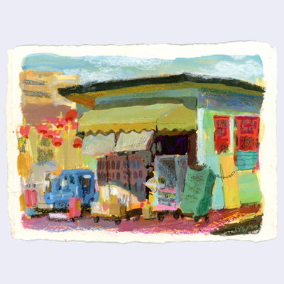 Plein air painting of a colorful store in Chinatown, with an awning for its open entryway and several coin operated rides for children out in front.