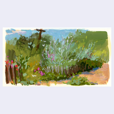 Plein air painting of a dirt path lined with lots of lush greenery and flowers. A small wooden fence separates the path and the plants and a telephone pole is in the background.