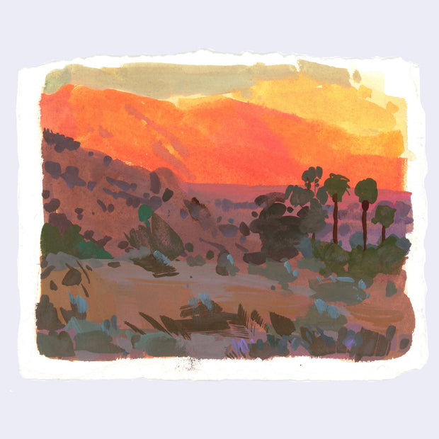 Plein air painting of a bright orange and yellow sunset over a desert landscape with dusky colored plants and palm trees.