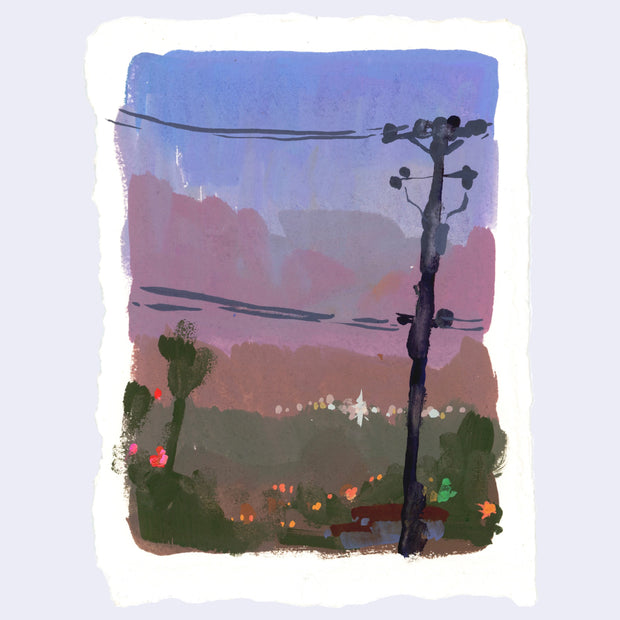 Plein air painting of a far away city at dusk, with a muted purple sky. A large telephone pole is in the foreground and lights shine in the background.