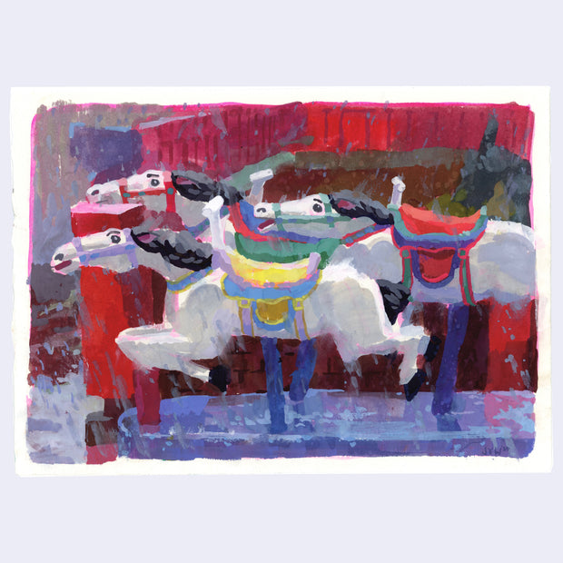 Plein air painting of a quarter machine ride featuring 3 white horses with multicolor barding.