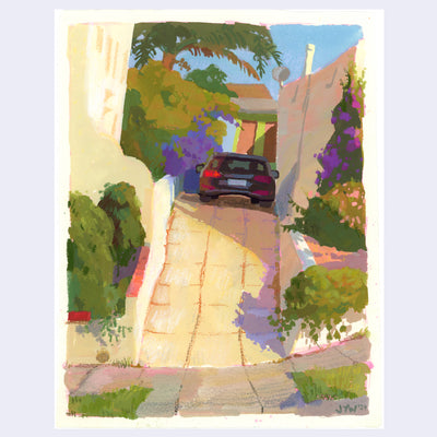 Plein air painting of a steep, narrow driveway with a car parked in it. Driveway is in between houses and greenery and flower plants.