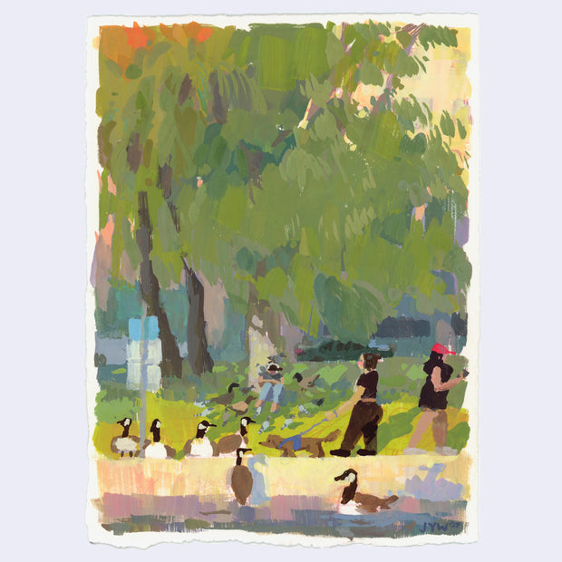 Plein air painting of a urban park with a lake in it. Many geese float on the water and people walk in the background. Under a large tree, someone sits and feeds the birds flocked around them.