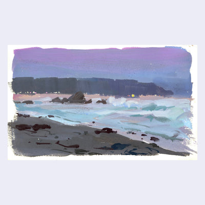 Plein air painting of a purple and blue sunset at the beach, with water lapping up onto the shore and a tall bluff in the background.