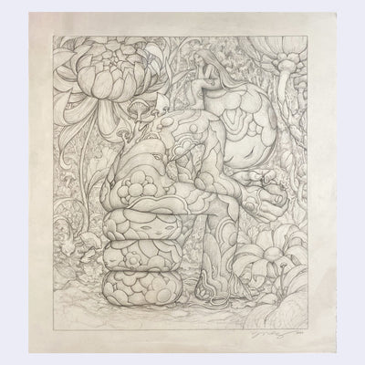 Very elaborate pencil drawing of a character sitting atop cushions with petals and small faces. Atop its back grows mushrooms and a small girl, sitting on its neck.