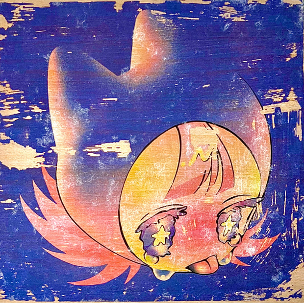 Weathered looking blue background illustration on wood, with some of the wood exposed. An anime style girl wears a cat hood hat and cries large tears with her tongue out.