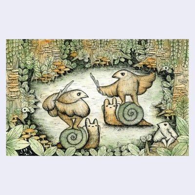 Illustration done in muted browns and greens, akin to Frog and Toad book art. 2 birds stand atop the backs of large snails, and fight one another with sticks. They stand in an open forest clearing, with a small bird looking at them.